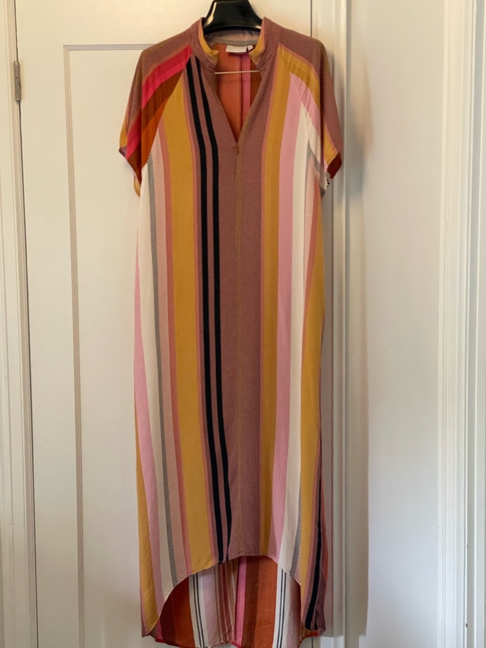 Standout Striped High-Low Midi Dress in Pink & Mustard - Copenhagen